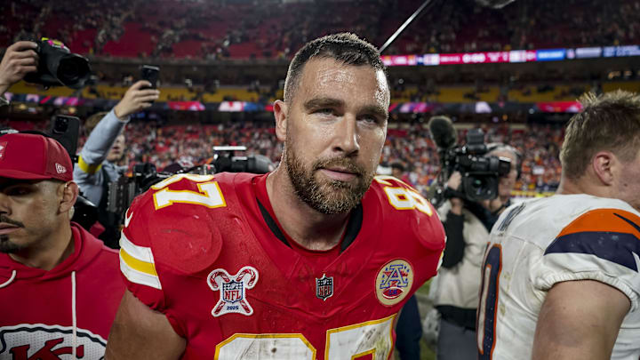 Dec 25, 2025; Kansas City, Missouri, USA; Kansas City Chiefs tight end Travis Kelce (87) Mandatory Credit: Denny Medley-Imagn Images