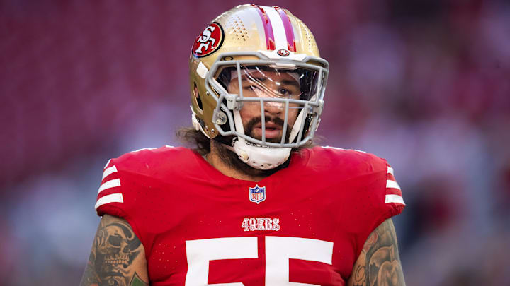 Dec 17, 2023; Glendale, Arizona, USA; San Francisco 49ers guard Jon Feliciano (55) against the Arizona Cardinals at State Farm Stadium.