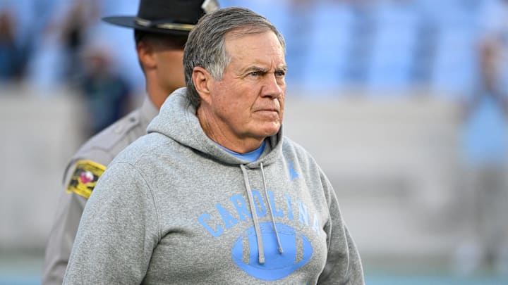 Sep 1, 2025; Chapel Hill, North Carolina, USA;  North Carolina Tar Heels head coach Bill Belichick on the field before the game at Kenan Stadium. Mandatory Credit: Bob Donnan-Imagn Images