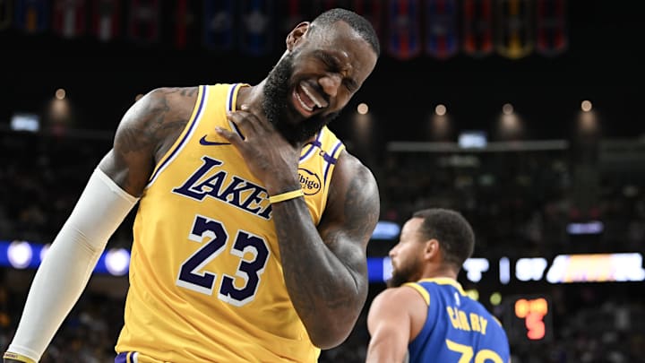Oct 15, 2024; Las Vegas, Nevada, USA; Los Angeles Lakers forward LeBron James (23) reacts to a play against the Golden State Warriors in the third quarter of their preseason game at T-Mobile Arena. Mandatory Credit: Candice Ward-Imagn Images Oct 15, 2024; Las Vegas, Nevada, USA; Los Angeles Lakers forward LeBron James (23) reacts to a play against the Golden State Warriors in the third quarter of their preseason game at T-Mobile Arena. Mandatory Credit: Candice Ward-Imagn Images