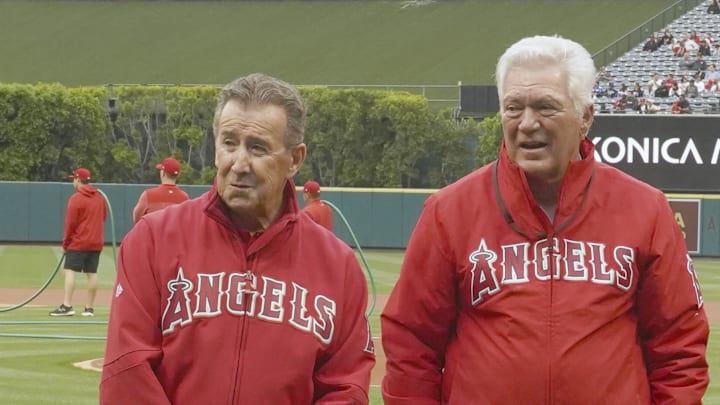 May 24, 2023; Anaheim, California, USA; Los Angeles Angels owner Arte Moreno (left) and chairman Dennis Kuhl look on during the game against the Boston Red Sox  at Angel Stadium. Mandatory Credit: Kirby Lee-Imagn Images