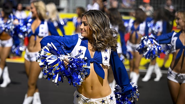 The Dallas Cowboys cheerleaders perform before the start of the 2024 Formula One US Grand Prix at Circuit of the Americas. The Dallas Cowboys cheerleaders perform before the start of the 2024 Formula One US Grand Prix at Circuit of the Americas.