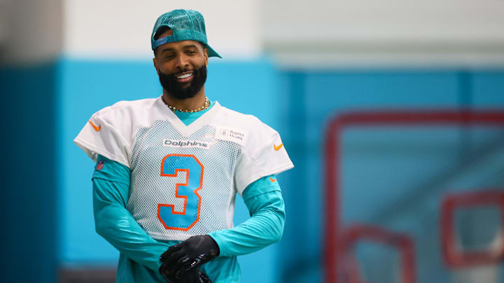 Miami Dolphins wide receiver Odell Beckham Jr. (3) looks on during mandatory minicamp at Baptist Health Training Complex.