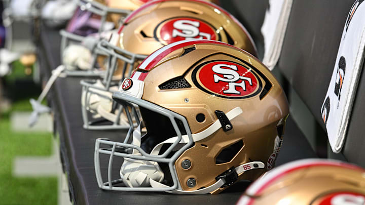 Sep 15, 2024; Minneapolis, Minnesota, USA; San Francisco 49ers helmets sits idle during the game against the Minnesota Vikings at U.S. Bank Stadium. Mandatory Credit: Jeffrey Becker-Imagn Images