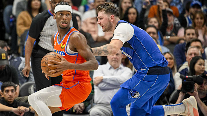 Dec 2, 2023; Dallas, Texas, USA; Oklahoma City Thunder guard Shai Gilgeous-Alexander (2) and Dallas
