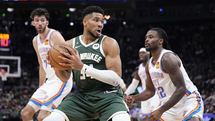 Jan 21, 2026; Milwaukee, Wisconsin, USA; Milwaukee Bucks forward Giannis Antetokounmpo (34) drives to the basket against Oklahoma City Thunder guard Cason Wallace (22) in the second half at Fiserv Forum. Mandatory Credit: Michael McLoone-Imagn Images Jan 21, 2026; Milwaukee, Wisconsin, USA; Milwaukee Bucks forward Giannis Antetokounmpo (34) drives to the basket against Oklahoma City Thunder guard Cason Wallace (22) in the second half at Fiserv Forum. Mandatory Credit: Michael McLoone-Imagn Images