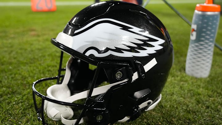 Nov 10, 2025; Green Bay, Wisconsin, USA;  General view of an Philadelphia Eagles helmet during the game against the Green Bay Packers at Lambeau Field. Mandatory Credit: Jeff Hanisch-Imagn Images