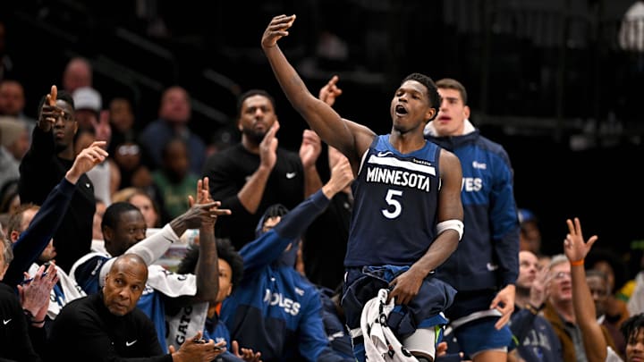 Minnesota Timberwolves guard Anthony Edwards (5) celebrates after center Naz Reid makes a 3-pointer against the Dallas Mavericks during the second half at the American Airlines Center in Dallas on Jan. 22, 2025.