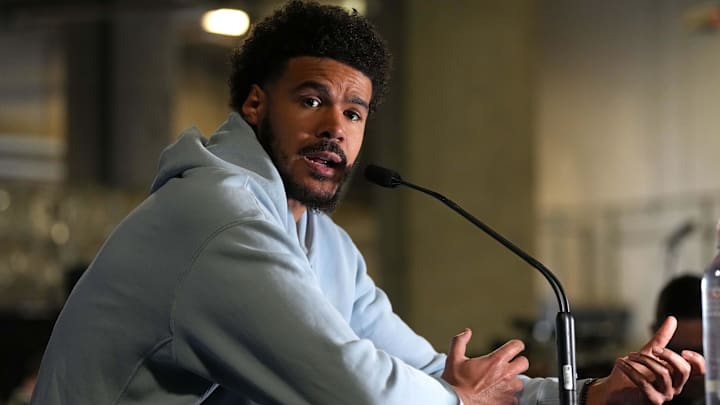 Feb 15, 2025; Oakland, CA, USA; Brooklyn Nets forward Cam Johnson (2) talks to media members during the NBA All Star-Practice at Oakland Arena. Mandatory Credit: Darren Yamashita-Imagn Images