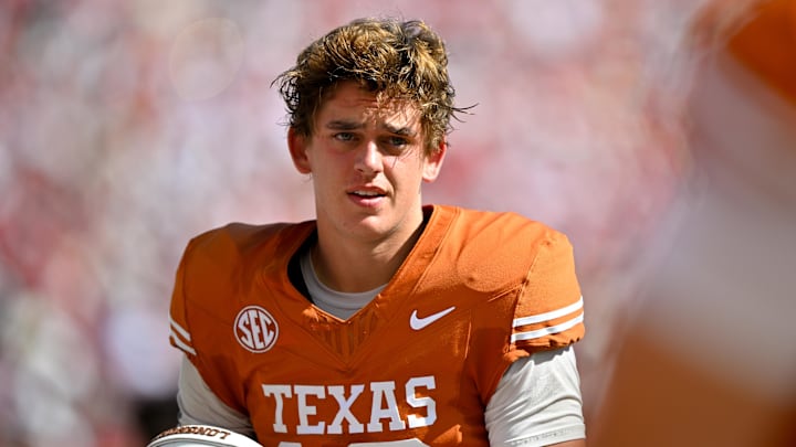 Texas Longhorns quarterback Arch Manning before the game between the Texas Longhorns and the Oklahoma Sooners at the Cotton Bowl.
