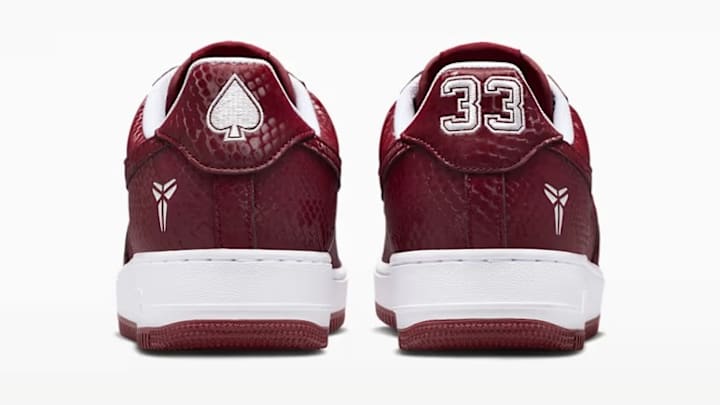 The Kobe x Nike Air Force 1 Low "Lower Merion Away" colorway. The Kobe x Nike Air Force 1 Low "Lower Merion Away" colorway.