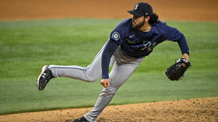Seattle Mariners closer Andres Munoz throws during a game against the Texas Rangers on Sept. 22 at Globe Life Field.