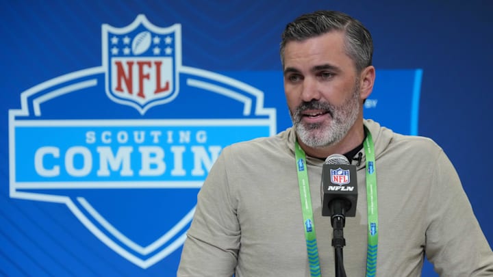 Feb 27, 2025; Indianapolis, IN, USA; Cleveland Browns coach Kevin Stefanski speaks during the 2025 NFL Scouting Combine at the Indiana Convention Center. 