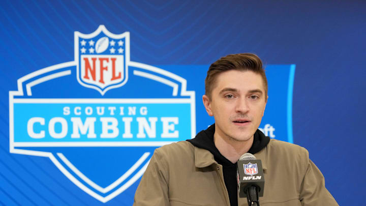 Feb 25, 2025; Indianapolis, IN, USA; Jacksonville Jaguars general manger James Gladstone speaks during the NFL Scouting Combine at the Indiana Convention Center. Mandatory Credit: Kirby Lee-Imagn Images