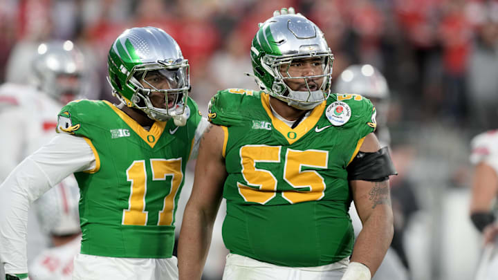 Jan 1, 2025; Pasadena, CA, USA; Oregon Ducks defensive lineman Derrick Harmon (55) reacts in the second half against the Ohio State Buckeyes in the 2025 Rose Bowl college football quarterfinal game at Rose Bowl Stadium. Mandatory Credit: Kirby Lee-Imagn Images