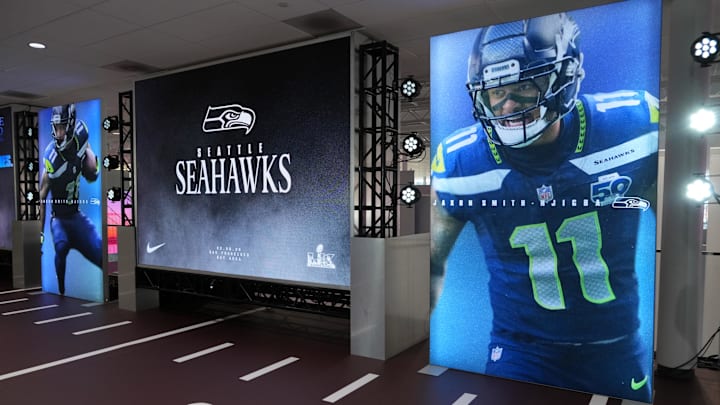 Feb 4, 2026; San Francisco, CA, USA; A Nike display featuring Seattle Seahawks wide receiver Jaxon Smith-Njigba (11) at the Super Bowl LX Experience at the Moscone Center. Mandatory Credit: Kirby Lee-Imagn Images