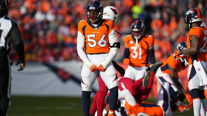 Dec 18, 2022; Denver, Colorado, USA; Denver Broncos linebacker Baron Browning (56) reacts to a play in the first quarter against the Arizona Cardinals at Empower Field at Mile High. Mandatory Credit: Ron Chenoy-Imagn Images