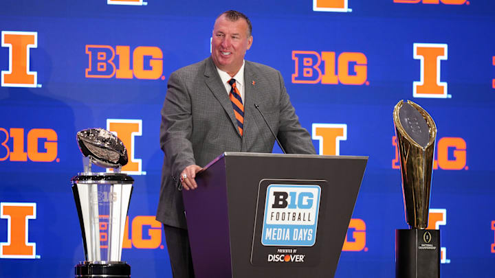 Jul 22, 2025; Las Vegas, NV, USA; Illinois head coach Bret Bielema speaks to the media during the Big Ten NCAA college football media days at Mandalay Bay Resort.