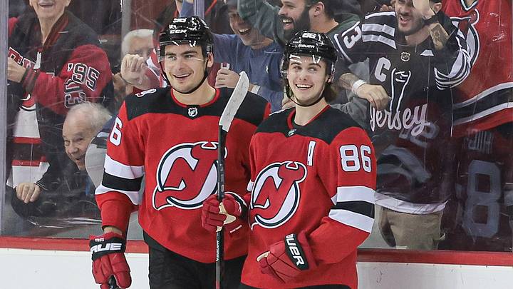 Apr 6, 2023; Newark, New Jersey, USA; New Jersey Devils center Jack Hughes (86) celebrates his goal with right wing Timo Meier (96) during the second period against the Columbus Blue Jackets at Prudential Center. Mandatory Credit: Vincent Carchietta-USA TODAY Sports Apr 6, 2023; Newark, New Jersey, USA; New Jersey Devils center Jack Hughes (86) celebrates his goal with right wing Timo Meier (96) during the second period against the Columbus Blue Jackets at Prudential Center. Mandatory Credit: Vincent Carchietta-USA TODAY Sports
