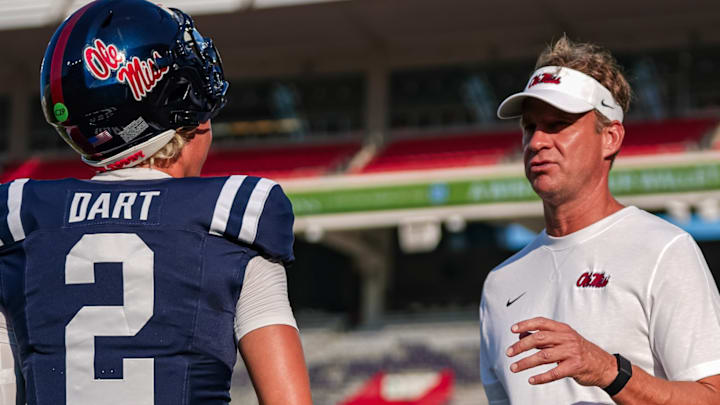Ole Miss Rebels quarterback Jaxson Dart and head coach Lane Kiffin during Saturday's mock game at Vaught-Hemingway Stadium.