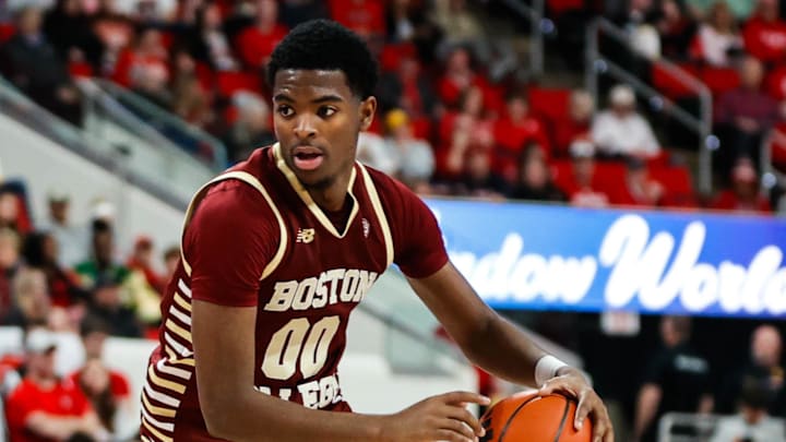 Feb 15, 2025; Raleigh, North Carolina, USA; Boston College Eagles guard Chas Kelley III (00) dribbles with the ball during the second half of the game against North Carolina State Wolfpack at Lenovo Center. Mandatory Credit: Jaylynn Nash-Imagn Images