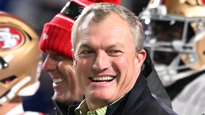 Dec 1, 2024; Orchard Park, New York, USA; San Francisco 49ers General Manager John Lynch on the field before a game against the Buffalo Bills at Highmark Stadium. Mandatory Credit: Mark Konezny-Imagn Images Dec 1, 2024; Orchard Park, New York, USA; San Francisco 49ers General Manager John Lynch on the field before a game against the Buffalo Bills at Highmark Stadium. Mandatory Credit: Mark Konezny-Imagn Images