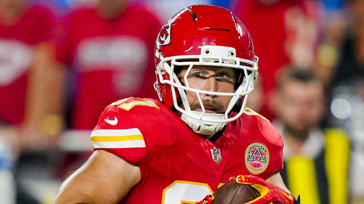 Oct 12, 2025; Kansas City, Missouri, USA; Kansas City Chiefs tight end Travis Kelce (87) catches a pass during the first half against the Detroit Lions at GEHA Field at Arrowhead Stadium. Mandatory Credit: Jay Biggerstaff-Imagn Images