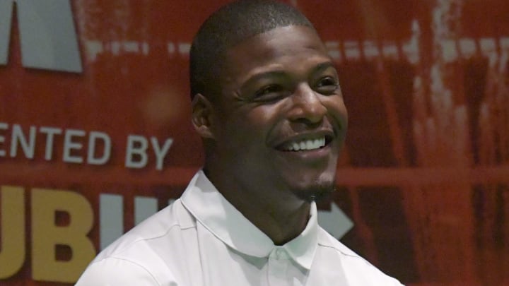 Oct 21, 2017; London, United Kingdom; Arizona Cardinals former safety Adrian Wilson reacts during NFL UK Live at The Mermaid London. Mandatory Credit: Kirby Lee-USA TODAY Sports