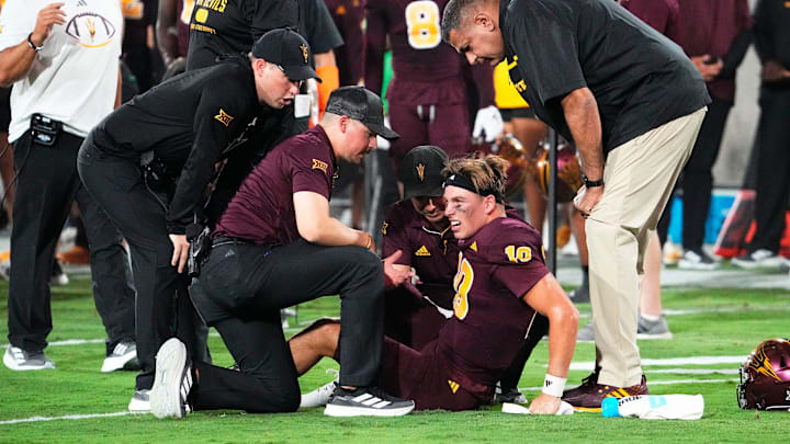 Arizona State starting quarterback Sam Leavitt (10) was injured in the second quarter of the Sun Devils' 27-19 win over Utah on Friday, Oct. 11. Arizona State starting quarterback Sam Leavitt (10) was injured in the second quarter of the Sun Devils' 27-19 win over Utah on Friday, Oct. 11.