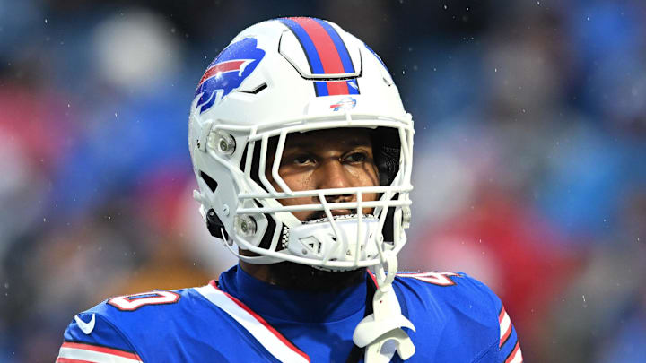 Dec 17, 2023; Orchard Park, New York, USA;  Buffalo Bills linebacker Von Miller (40) warms up before a game against the Dallas Cowboys at Highmark Stadium. Mandatory Credit: Mark Konezny-Imagn Images