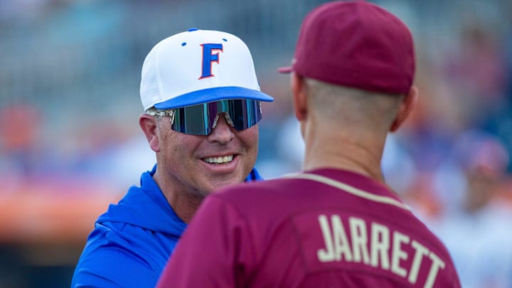 FloridaÕs Kevin OÕ Sullivan and FSUÕs Link Jarrett meet before the start of the game, March 10, 2026, at Condron Family Ballpark in Gainesville, Florida. [Cyndi Chambers/ Gainesville Sun] 2026