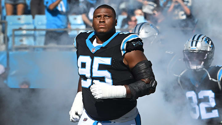 Oct 29, 2023; Charlotte, North Carolina, USA; Carolina Panthers defensive tackle Derrick Brown (95) runs on to the field at Bank of America Stadium. Mandatory Credit: Bob Donnan-Imagn Images Oct 29, 2023; Charlotte, North Carolina, USA; Carolina Panthers defensive tackle Derrick Brown (95) runs on to the field at Bank of America Stadium. Mandatory Credit: Bob Donnan-Imagn Images