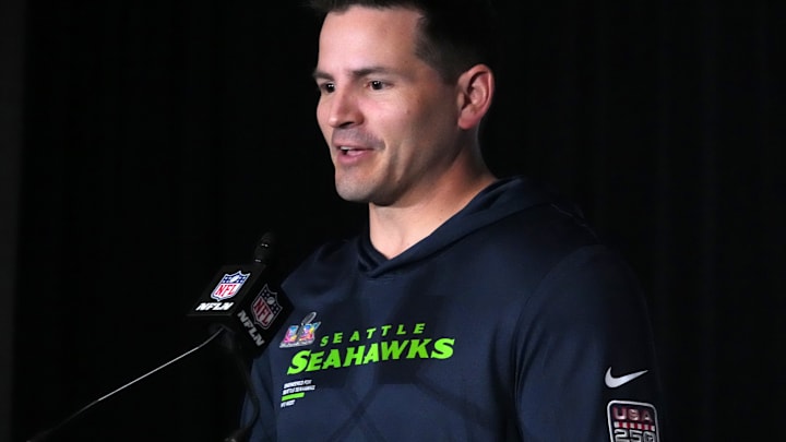 Feb 3, 2026; San Jose, CA, USA; Seattle Seahawks head coach Mike MacDonald speaks to the media at Super Bowl LX press conference at the San Jose Convention Center. 