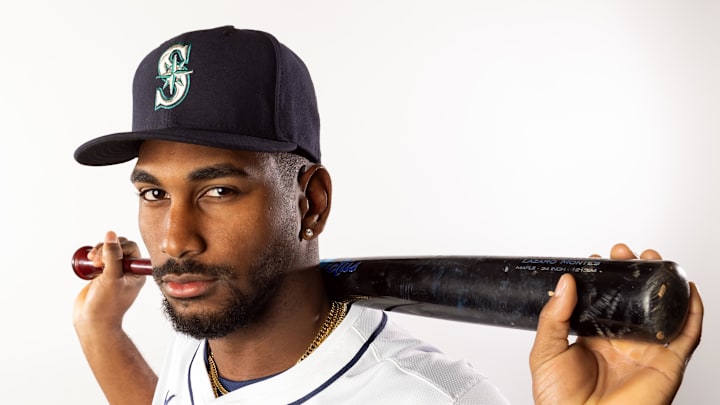 Seattle Mariners outfielder Lazaro Montes poses for a portrait during media day at Peoria Sports Complex on Feb. 20. 