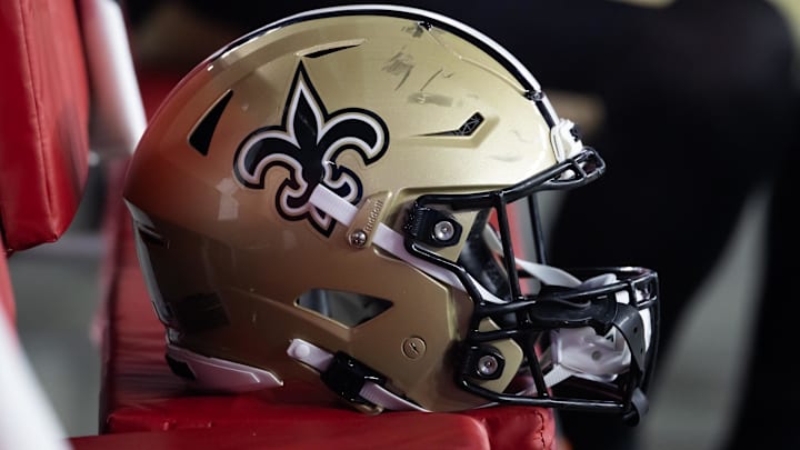 Detailed view of a New Orleans Saints helmet Detailed view of a New Orleans Saints helmet
