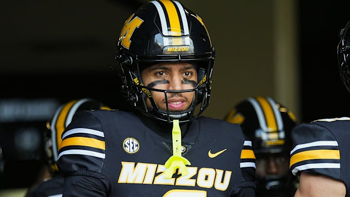 Sep 6, 2025; Columbia, Missouri, USA; Missouri Tigers wide receiver Xavier Loyd (6) and wide receiver Logan Muckey (82) get ready to take the field prior to a game against the Kansas Jayhawks at Faurot Field at Memorial Stadium. Mandatory Credit: Jay Biggerstaff-Imagn Images