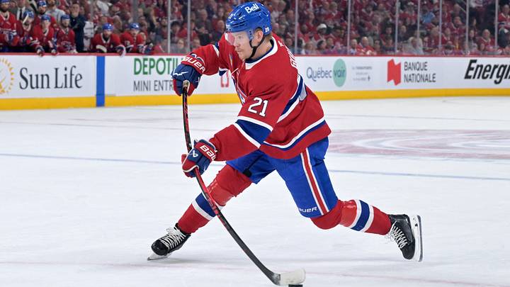 May 12, 2026; Montreal, Quebec, CAN; Montreal Canadiens defenseman Kaiden Guhle (21) takes a shot on net during the third period in game four against the Buffalo Sabres of the second round of the 2026 Stanley Cup Playoffs at Bell Centre. Mandatory Credit: Eric Bolte-Imagn Images