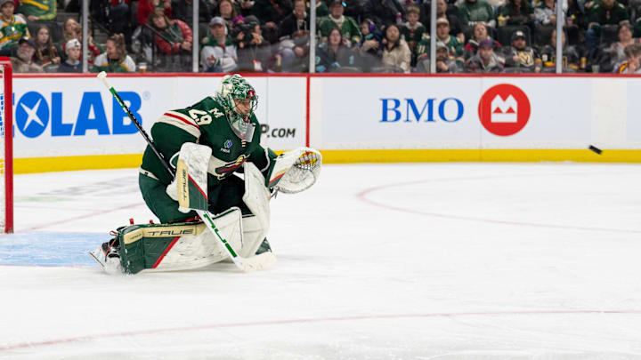 Apr 18, 2024; Saint Paul, Minnesota, USA; Minnesota Wild goaltender Marc-Andre Fleury (29)  makes a save against the Seattle Kraken in the third period at Xcel Energy Center. Mandatory Credit: Matt Blewett-Imagn Images