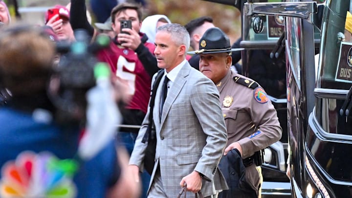 Nov 9, 2024; South Bend, Indiana, USA; Florida State Seminoles head coach Mike Norvell arrives at Notre Dame Stadium for the game against the Notre Dame Fighting Irish. Mandatory Credit: Matt Cashore-Imagn Images
