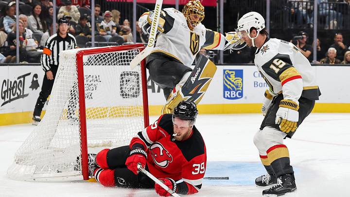Anthony Mantha of the New Jersey Devils slides into the net against the Vegas Golden Knights Anthony Mantha of the New Jersey Devils slides into the net against the Vegas Golden Knights