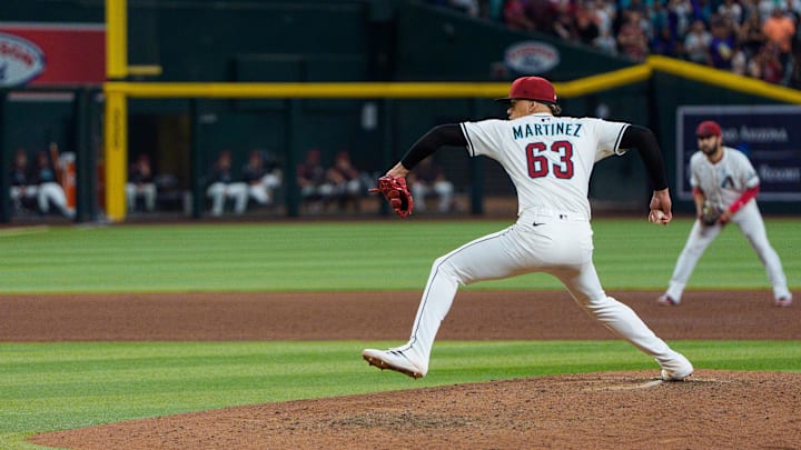 Jun 1, 2025; Phoenix, Arizona, USA; Arizona Diamondbacks pitcher Justin Martinez (63) on the mound to close out in the ninth inning against the Washington Nationals at Chase Field. Mandatory Credit: Allan Henry-Imagn Images