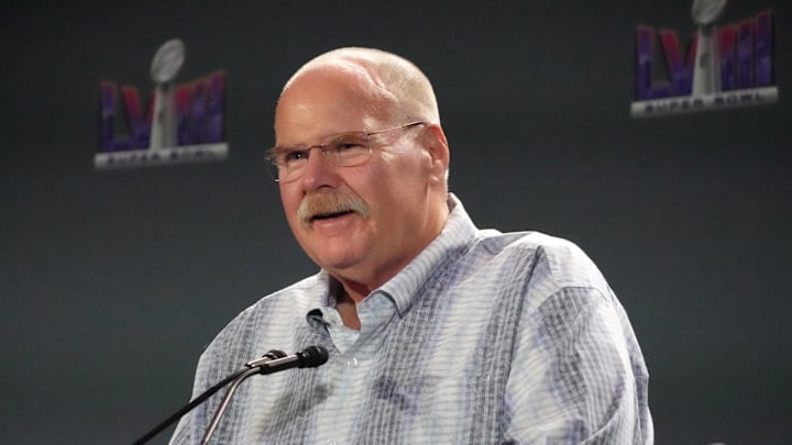 Feb 12, 2024; Las Vegas, NV, USA; Kansas City Chiefs coach Andy Reid speaks at the Super Bowl LVIII Winning Head Coach and Most Valuable Player Press Conference at the Super Bowl 58 media center at the Mandalay Bay North Convention Center. Mandatory Credit: Kirby Lee-USA TODAY Sports