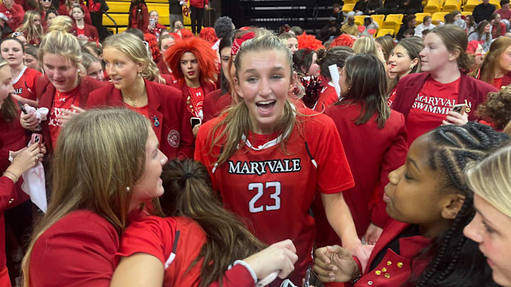 Maryvale Prep lacrosse star Cayden Reese (23), who is headed to College Park to ply lax for the University of Maryland's national powerhouse, lifted the Lions to a huge win on the basketball court, scoring the winning hoop with just 5.4 seconds left to help Maryvale upset Mercy in The Game.