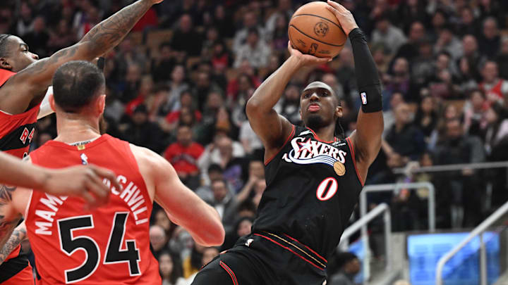 Jan 11, 2026; Toronto, Ontario, CAN; Philadelphia 76ers guard Tyrese Maxey (0) shoots the ball against the Toronto Raptors in the first half at Scotiabank Arena. Mandatory Credit: Dan Hamilton-Imagn Images Jan 11, 2026; Toronto, Ontario, CAN; Philadelphia 76ers guard Tyrese Maxey (0) shoots the ball against the Toronto Raptors in the first half at Scotiabank Arena. Mandatory Credit: Dan Hamilton-Imagn Images