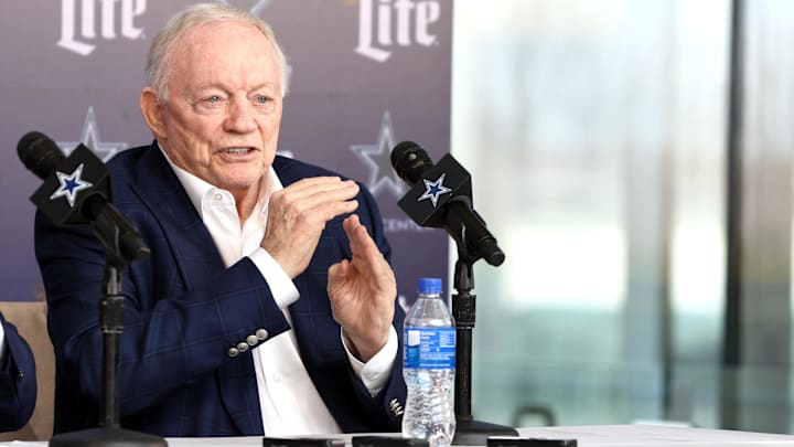 Dallas Cowboys owner Jerry Jones speaks to the media at a press conference at the Star. Dallas Cowboys owner Jerry Jones speaks to the media at a press conference at the Star.