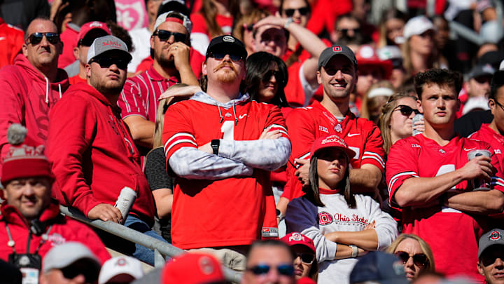 Ohio State Buckeyes fans react during the second half of the NCAA football game against the Nebraska Cornhuskers at Ohio Stadium in Columbus on Saturday, Oct. 26, 2024. Ohio State won 21-17.