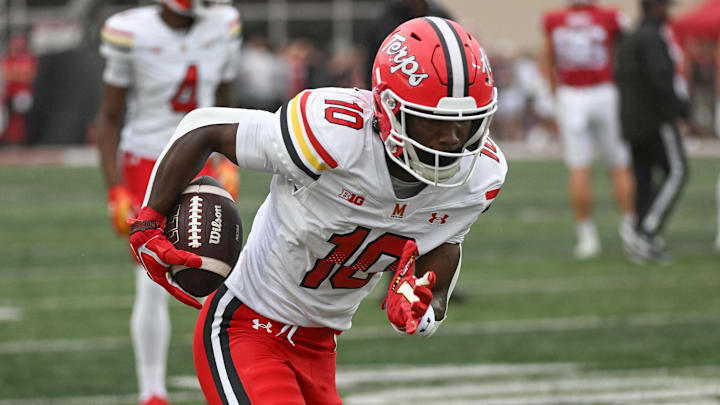 Sep 28, 2024; Bloomington, Indiana, USA;  Maryland Terrapins wide receiver Tai Felton (10) warms up before a game against the Indiana Hoosiers at Memorial Stadium. Mandatory Credit: Robert Goddin-Imagn Images