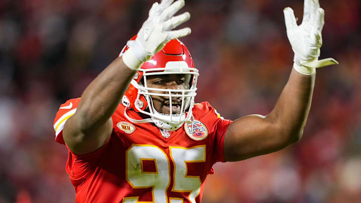 Dec 10, 2023; Kansas City, Missouri, USA; Kansas City Chiefs defensive tackle Chris Jones (95) rallies the crowd during the second half against the Buffalo Bills at GEHA Field at Arrowhead Stadium. Mandatory Credit: Jay Biggerstaff-USA TODAY Sports