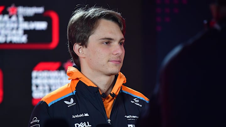 Nov 20, 2024; Las Vegas, Nevada, USA; McLaren Team driver Oscar Piastri (81) during media availalbilities at Las Vegas Circuit. Mandatory Credit: Gary A. Vasquez-Imagn Images