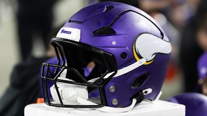 Jan 13, 2025; Glendale, AZ, USA; Detailed view of a Minnesota Vikings helmet during an NFC wild card game at State Farm Stadium.